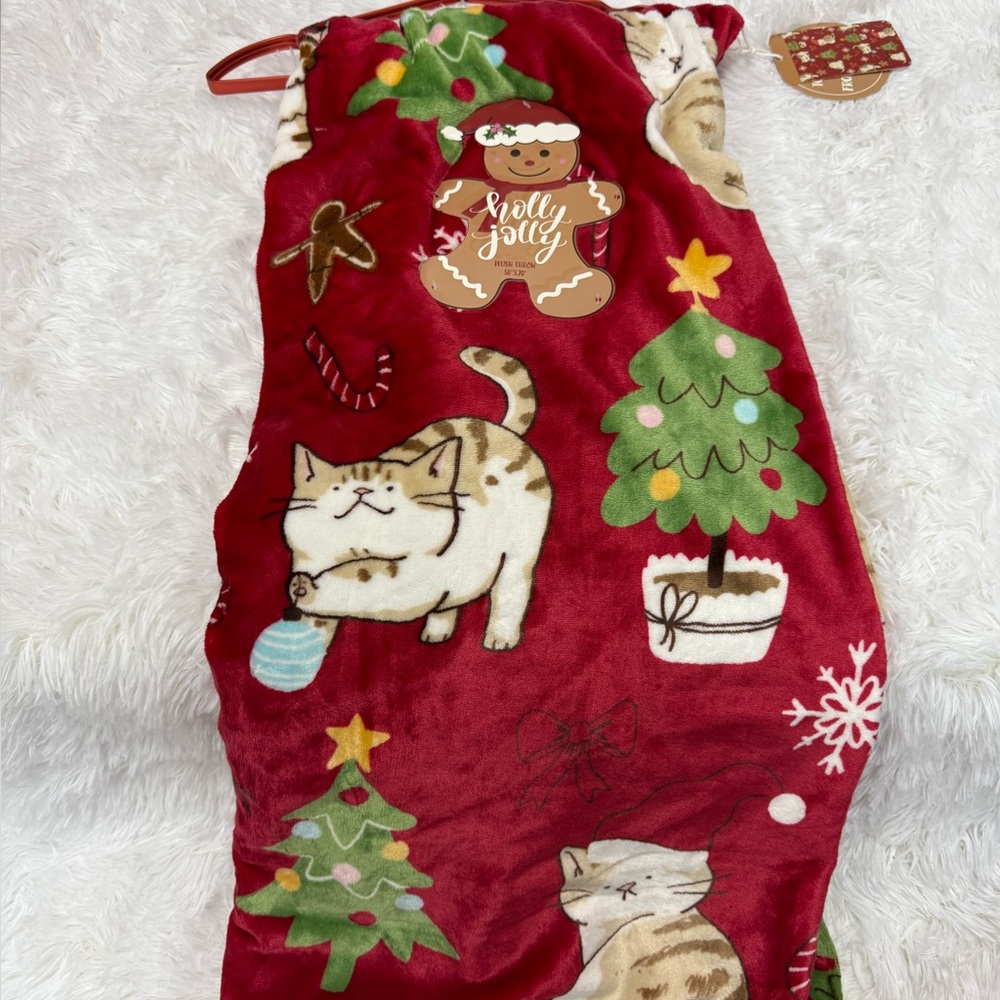 Holiday Red Blanket with Cats and Christmas Trees